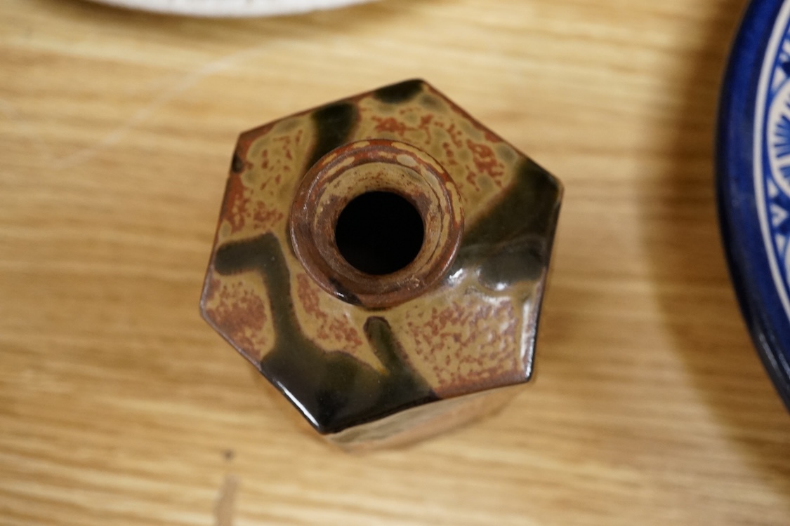 A group of five pieces of Studio pottery, some with impressed signatures to include a hexagonal jar and dishes, largest 25cm high